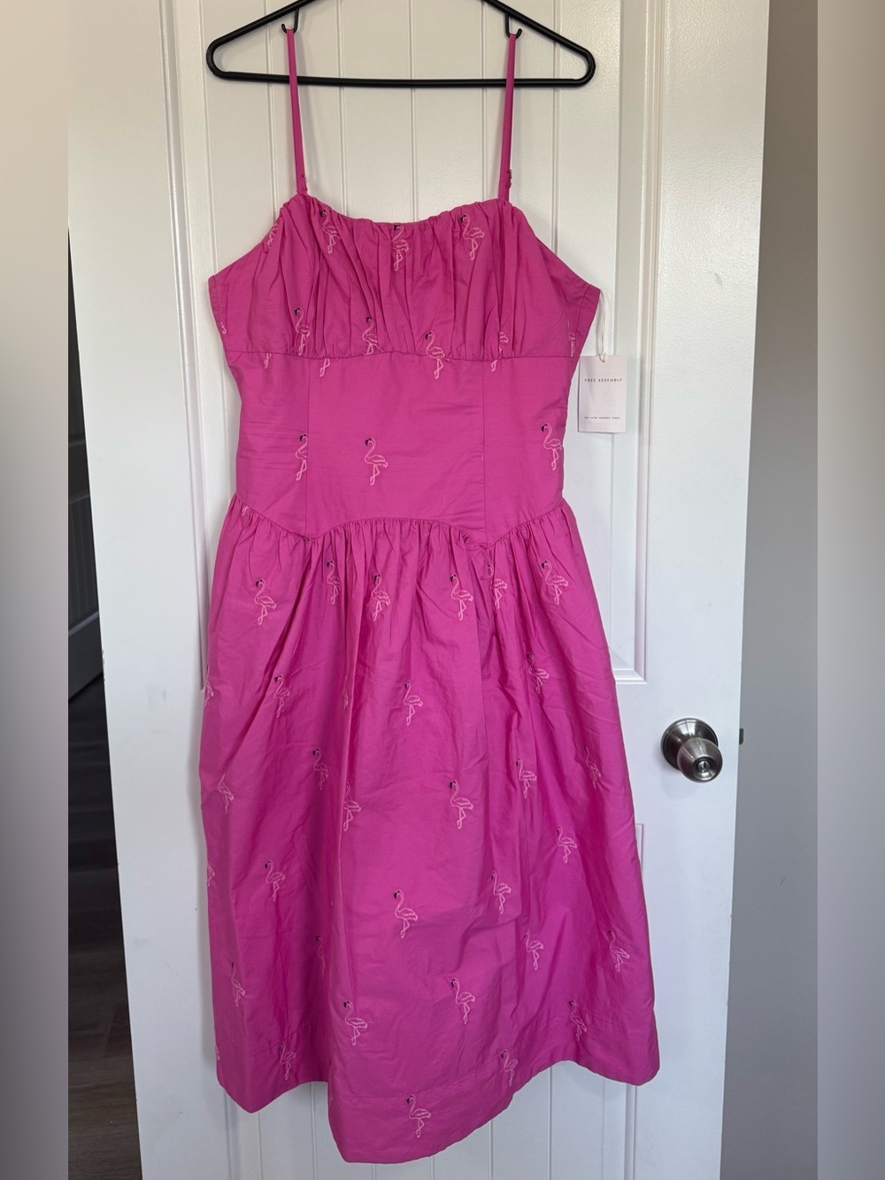 Free Assembly Pink Flamingo Embroidered Cotton Midi Dress M NWT